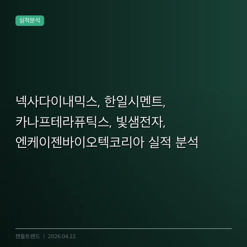 넥사다이내믹스, 한일시멘트, 카나프테라퓨틱스, 빛샘전자, 엔케이젠바이오텍코리아 실적 분석