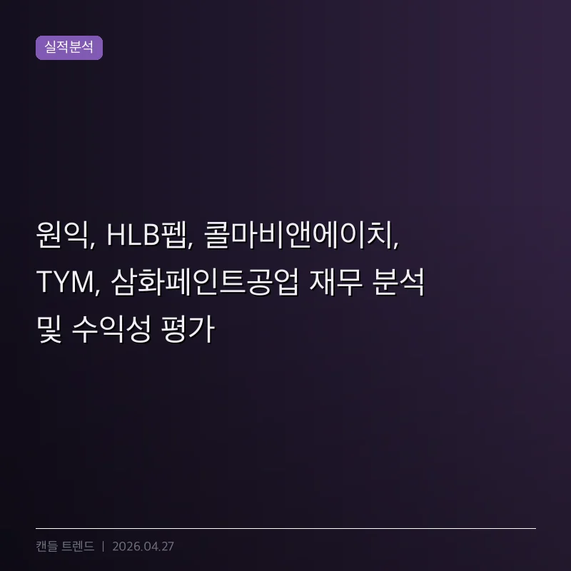 원익, HLB펩, 콜마비앤에이치, TYM, 삼화페인트공업 재무 분석 및 수익성 평가